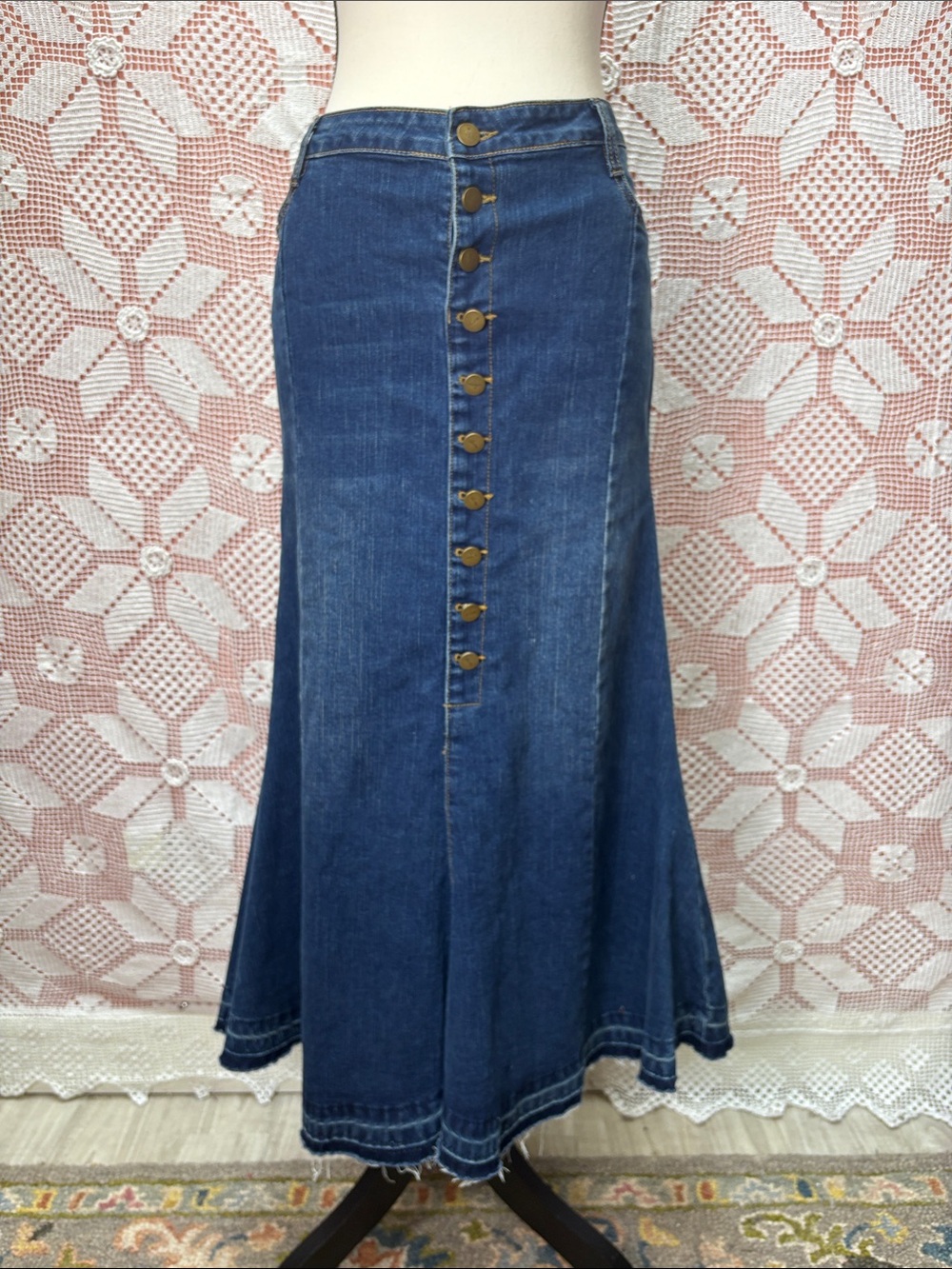 Stretch Denim Button-Front Maxi Skirt Sz 12-14